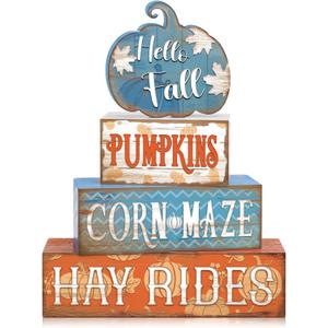 4 Pcs Fall Thanksgiving Decor for Home Blue Pumpkin Wooden Signs with Blessed Autumn Tiered Tray Decor Hello Fall Tabletop Centerpiece Maple Leaf Block Signs for Thanksgiving Office Kitchen Shelf