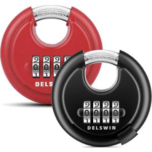 DELSWIN 4-Digit Disc Combination Lock Outdoor - Heavy Duty Combination Padlocks with Hardened Steel Shackle Weatherproof Combo Locks for Gates,Sheds,Fence,Storage Unit (3/8" Shackle, Black and Red)