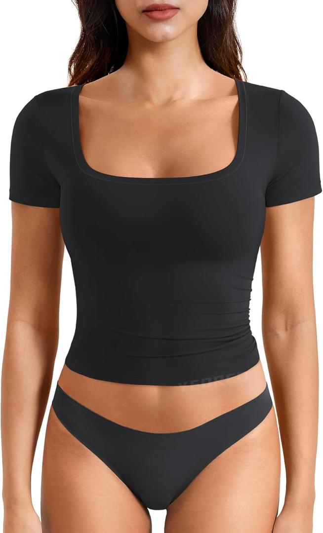 YEOREO Womens Tops Short Sleeve Going Out T Shirts Scoop Neck Slim Fit Double Lined Pattiy Crop Tops (Small, Black)