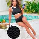 XUNYU Women High Waisted Bikini Set Ribbed 2 Piece Bestselling Swimsuit Tummy Control Bathing Suit for Teens Swim Suit 2025 (Black, XL)