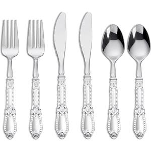 Nervure 300PCS Silver Plastic Silverware - Heavy Duty Disposable Cutlery Set,Luxury Silver Plastic Utensils include 100Pcs Forks, 100Pcs Spoons, 100pcs Knives Perfect for Wedding,Party,Daily Use