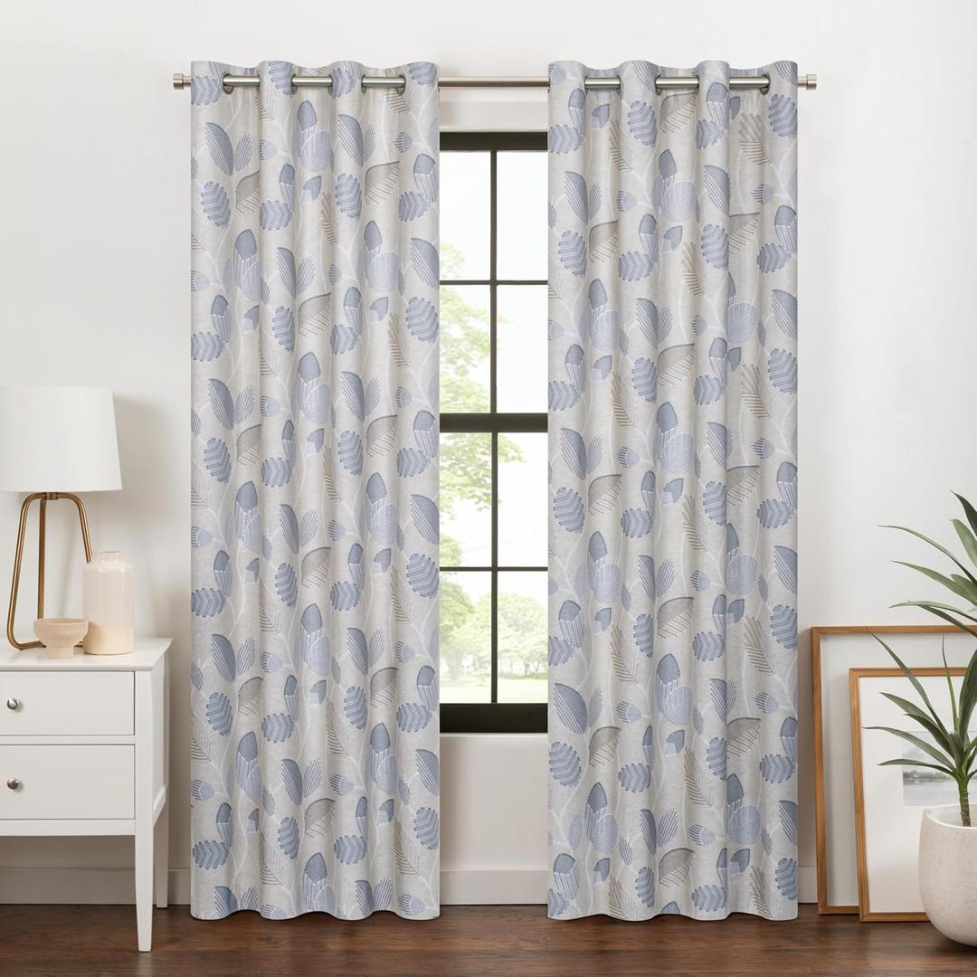 Eclipse 100% Blackout Curtain, Larissa Leaf Grommet Curtain, 84 in Long x 50 in Wide, Patterned 100% Blackout Curtain, Thermal Insulated Curtain for Living Room or Bedroom, 1 Window Curtain, Sky Blue