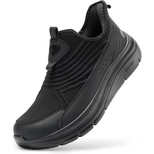 FitVille Men's Extra Wide Slip-On Walking Shoes, Hands-Free Orthopedic Sneakers with Arch Support for Plantar Fasciitis, Bunions and Hammertoes  Step Ease V1 (9.5 Wide, Jet Black)