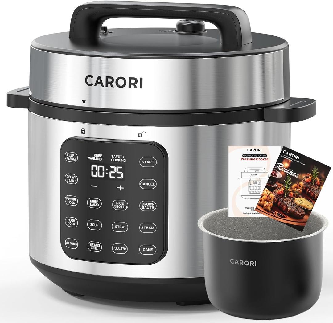 CARORI 8Qt,9-in-1,1200W Electric Pressure Canner, IMD Touchscreen, Non-Stick Pot. Quick, Time-Saving, Healthy. Olla de Presion (Ollas). Safe Venting.Rice,Slow,Steamer, Saut, Warmer, Silver