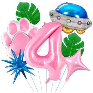 Wclliuchi Space Dog Birthday Decorations, Pink Number 4 Balloons, Paw Print And Space Ship Balloon for Aloha Party Decoration (Pink 4)