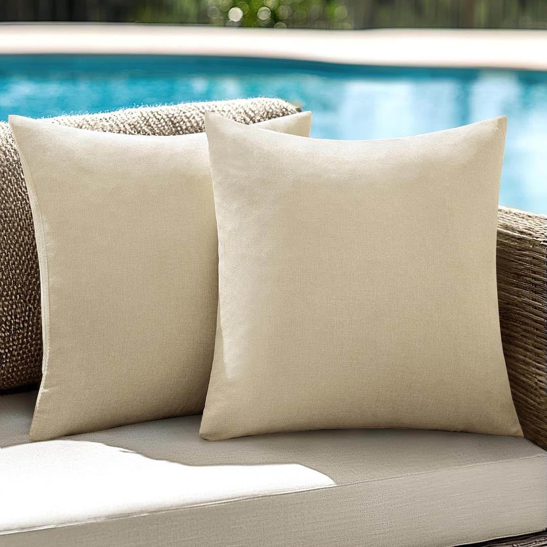 ANRODUO Pack of 2 Beige Outdoor Pillow Covers for Patio Furniture Decorative Farmhouse Linen Cushion Sham Outdoor Waterproof Outside Square Pillowcase for Garden Balcony Bench Summer Decor 20x20 Inch