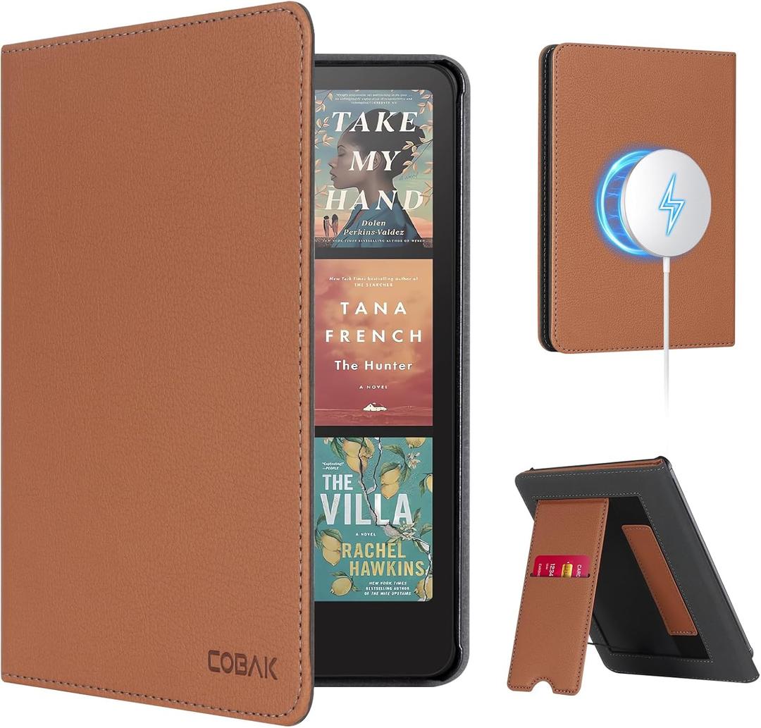CoBak Stand Case for 7" Kindle Paperwhite 12th Gen 2024 and Kindle Colorsoft with Hand Strap - Compatible with iPhone MagSafe, for Samsung/Belkin/Anker Wireless Charging Pads, Durable, Auto Sleep Wake (Brown)