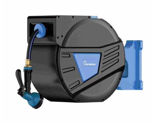 GardenJoy Retractable Garden Hose Reel 65 ft 5/8 in Heavy Duty with 180 Degree Swivel Wall Bracket 10-Pattern Sprayer Nozzle Any Length Lock Slow Return System Durable Outdoor Water Hose for Garden Lawn Cleaning