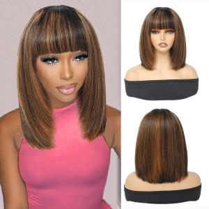 Bob Wig With Bangs Human Hair 1B/30 Highlight Short Wig for Black Women 2.5X1 Inch Glueless 14Inch Middle Part