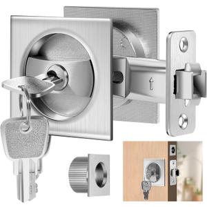 Pocket Door Lock, Pocket Door Lock with Key, Pocket Door Hardware, Brushed Nickel Pocket Door Hardware,Pocket Door Edge Pull kit,Square Design (Silver)