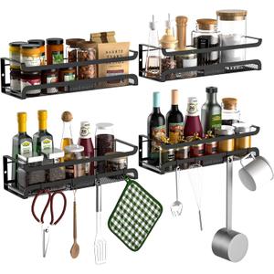 Spice Rack Wall Mount with Hooks - Spice Racks Organizer for Cabinet Storage, Wall Mounted Hanging Shelf Seasoning Organizer, for Kitchen, Pantry Door, Bathroom (Black, 4 Pack)
