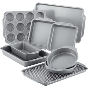 Farberware Nonstick Steel Bakeware Set with Cooling Rack, Baking Pan and Cookie Sheet Set with Nonstick Bread Pan and Cooling Grid, 10-Piece Set, Gray