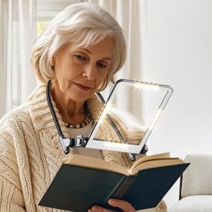 Magnifier with Light Hands Free, 3 Color Dimmable, Magnifying Glass with Light for Reading, Neck Wear Full Page Magnifier for Seniors Low Vision Elderly, Close Work, Sewing
