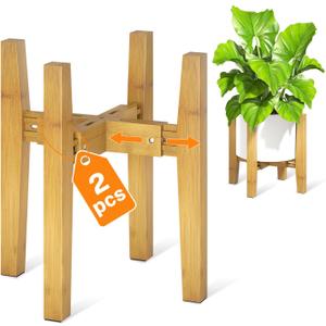 LASZOLA Bamboo Adjustable Plant Stand for Single Large Indoor Planters, Heavy Duty Floor Fern Holder Fits 8 to 12 Inch Pots, Mid Century Elevated Big Stool for Flower Pot Not Included, Walnut, 2 Pack