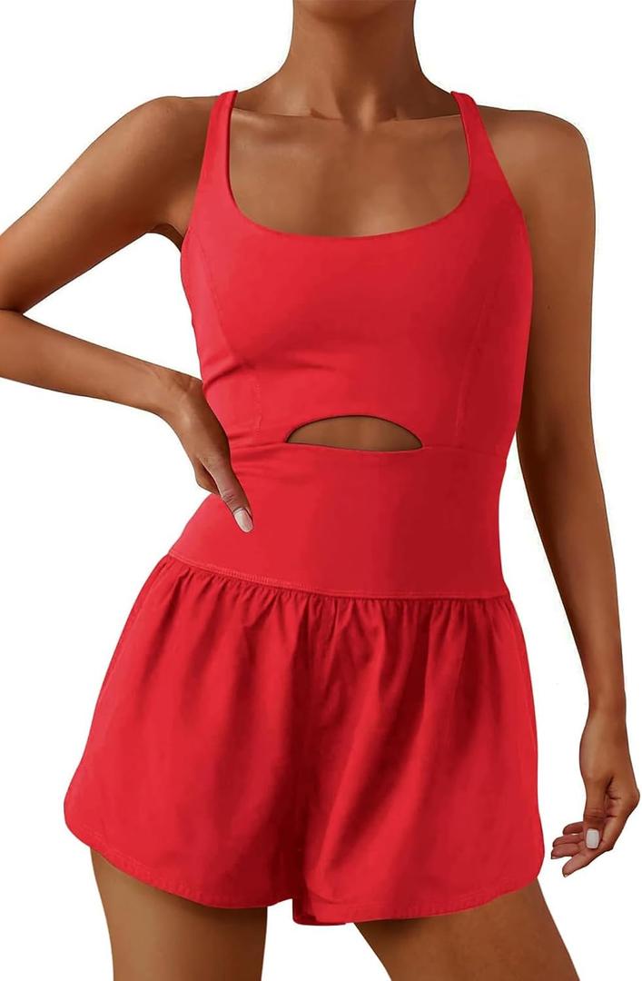ReachMe Womens Running Onesie Workout Rompers Athletic Romper One Piece Outfits Exercise Jumpsuits Gym Yoga Clothes, Red, S