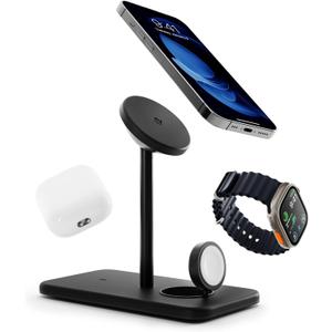 Twelve South HiRise 3 Deluxe, Compact Luxury Wireless Magsafe Charging Stand for iPhone, AirPods and Apple Watch - Includes US Power Supply with 5 Foot Cord, Plus International Plug Adapters, Black