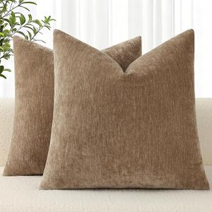 decorUhome Chenille Brown Throw Pillow Covers 16x16 Inch Set of 2, Decorative Soft Couch Pillow Covers Solid Dyed Accent Farmhouse Neutral Square Pillow Cases for Sofa