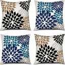 PICKFORU Blue Brown Throw Pillow Covers 18x18 Inch, Set of 4 Flower Dahlia Geometric Patterns Pillow Covers Modern Floral Pillowcases for Home Decor