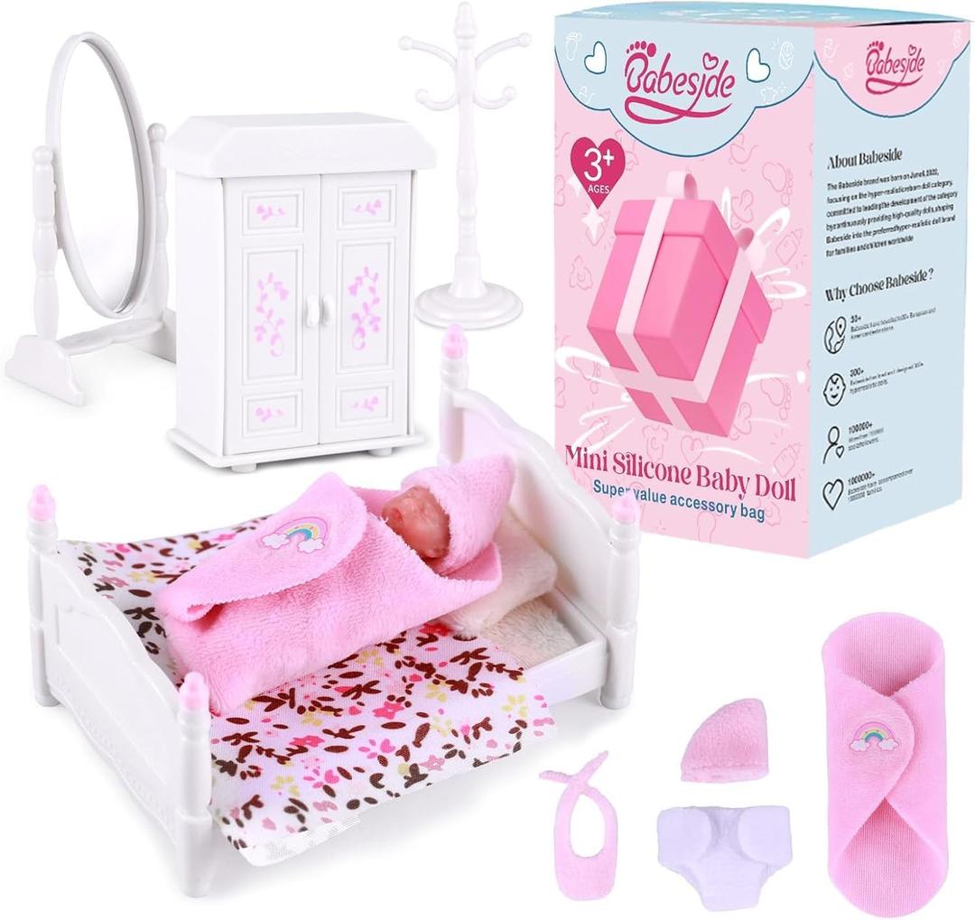 BABESIDE Mini Silicone Baby Dolls, 3 Inch Realistic Newborn Baby Dolls Full Silicone Sleeping Little Mini Real Life Baby Girl Miniature Baby with Playset Accessories(Pink)