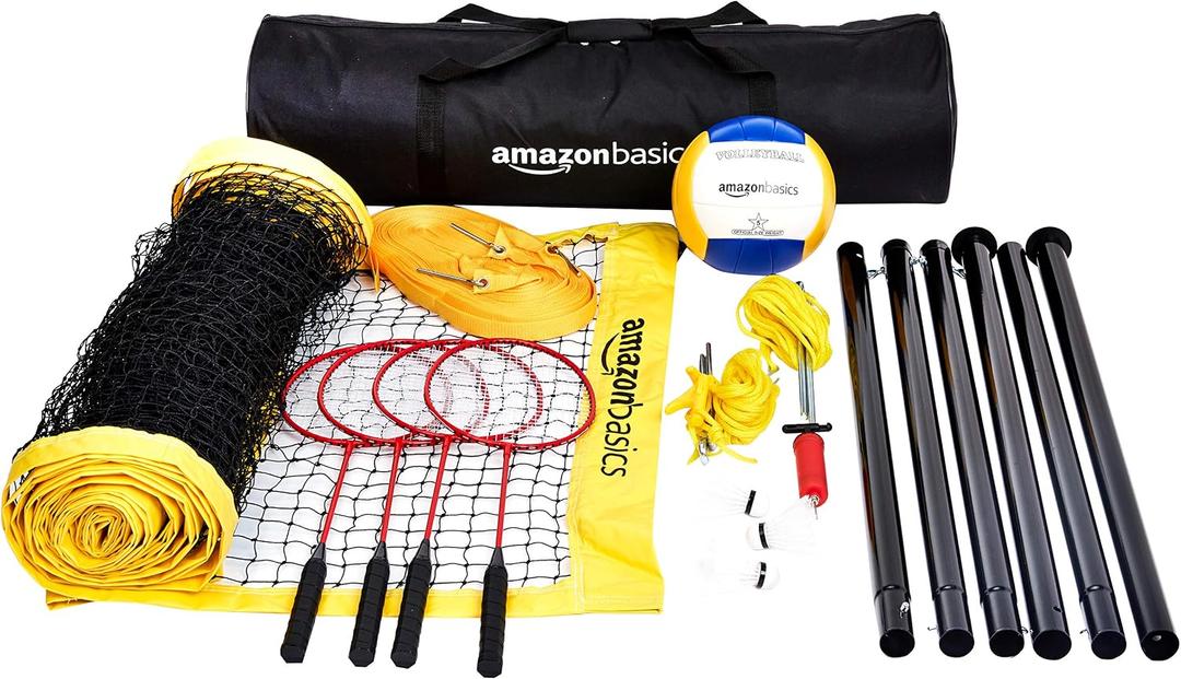 Amazon Basics Portable Outdoor Volleyball and Badminton Combo Set with Sturdy Poles and Storage Bag