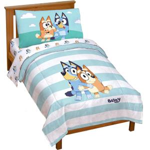 Jay Franco Bluey & Bingo 4 Piece Toddler Size Bed Set  Super Soft Microfiber Bed Set Includes Size Comforter & Sheet Set (Official Bluey Products) (Multi - Bluey)