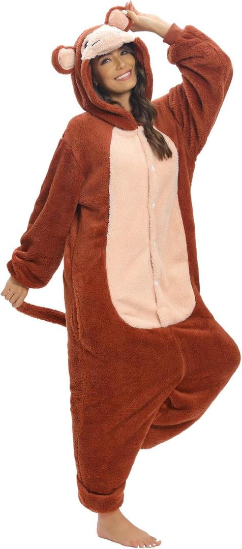 LATH.PIN Animal Onesie Pajamas for Adults Unisex One Piece Halloween Cosplay Costume Sleepwear for Women and Men (Medium, Monkey)