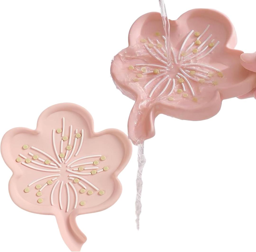 Silicone Soap Dish Shampoo Bar Soap Holder with Drain Spout Soaps Holders Tray Draining Soap Bar Holder Flower Shape Soap Saver for Shower Bathroom Organizer 2 Pack Pink