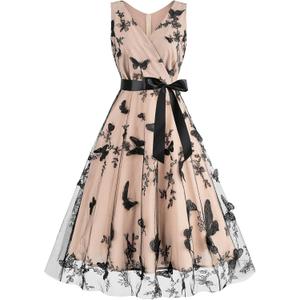 1950s Dresses for Women Vintage Elegant Short Puff Sleeve Polka Dot Patchwork Knee Length Cocktail Party Dress (Medium, Apricot Butterfly Wrap V Neck)