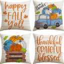 Artscope Fall Decorative Throw Pillow Covers 20x20 Inch Set of 4, Happy Fall Pumpkin Truck Thankful Grateful Blessed Outdoor Farmhouse Pillow Cases for Home Sofa Couch-Orange Beige