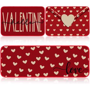 Tinideya 3 Pcs Christmas Kitchen Rug Christmas Mats Set Xmas Rugs Indoor Washable Kitchen Carpet for Winter Home Floor Decor, 16 x 24 Inch and 16 x 47 Inch (Hello Valentine)