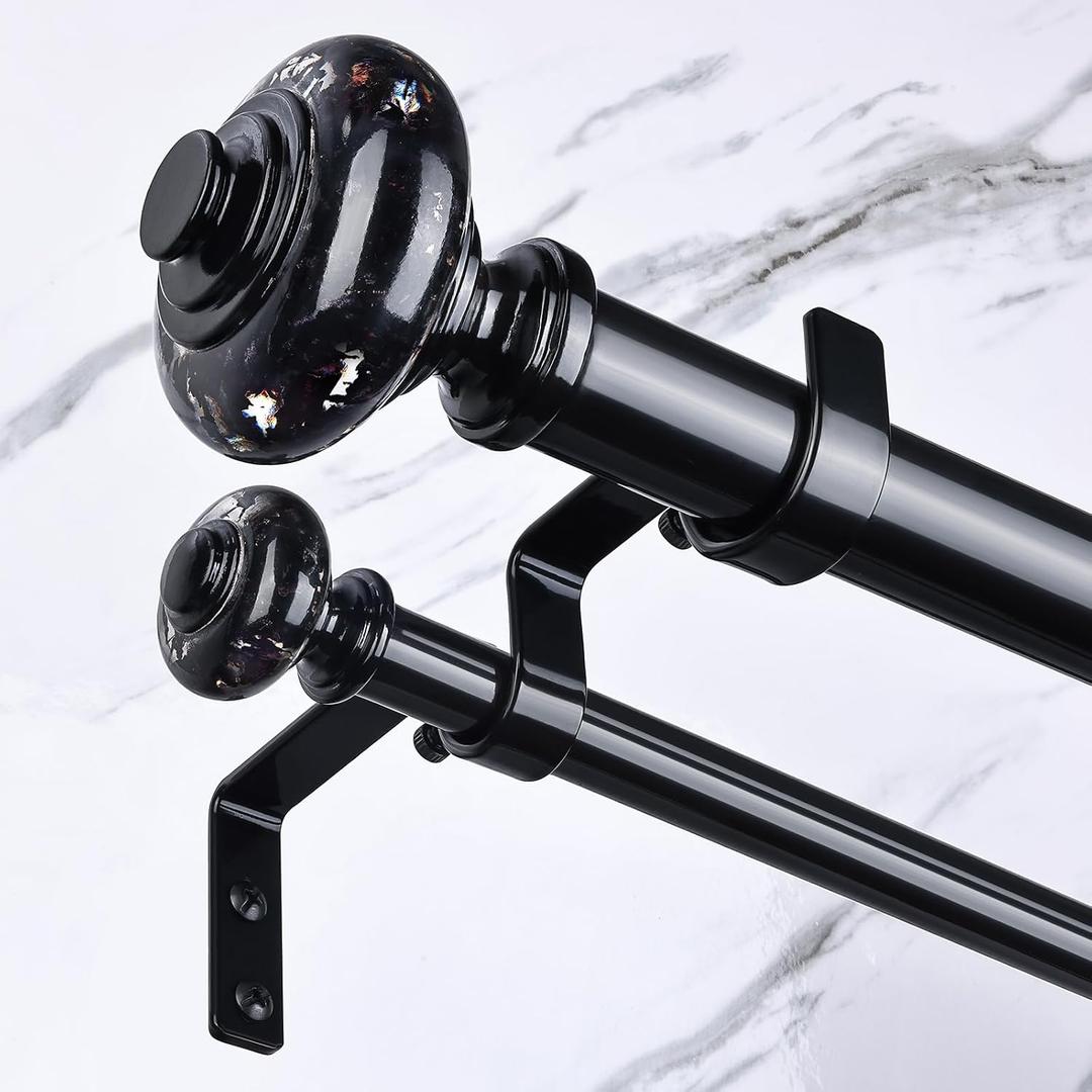 Black Double Curtain Rods for Windows 72 to 144 Inch, 1 Inch Adjustable Decorative Crystal Long Dual Curtain Rod, Heavy Duty Vintage Double Drapery Pole with Black Foil Finial for Living Room