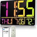 13" Bluetooth Auto Sync Wall Clock- Large Digital Alarm Clock with Remote, RGB Color Changing, 25 Ringtones, Adjustable Brightness, Auto DST, for Living Room, Kitchen, Office, Elderly