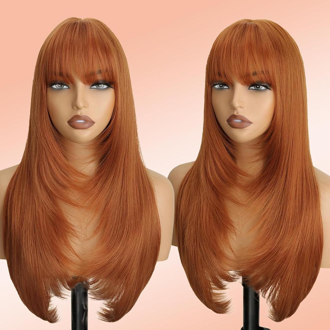 Ginger Long Straight Layered Wig with Bangs for Women 26 inch Orange Put on Go Realistic Synthetic Fiber Heat Resistant Natural Wig for Girls Party Cosplay and Daily Use