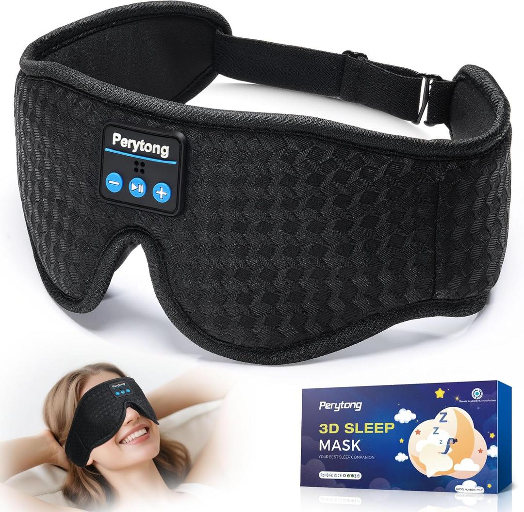Perytong Sleep Mask with Bluetooth 5.4 Headphones, Wireless Sleep Eye Mask for Side Sleepers, 3D Contoured Comfort & Built-in HD Stereo Earphones, Noise Canceling & Blackout for Travel (Carbon Black)