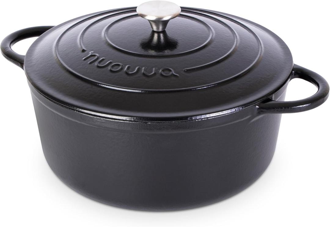 Cast Iron Dutch Oven with Lid – Non-Stick Ovenproof Enamelled Casserole Pot – Sturdy Dutch Oven Cookware – Black, 7.3-Quart, 30cm – by Nuovva