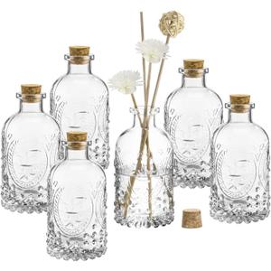 MyGift Vintage Design Embossed Fleur De Lis Clear Glass Bottles with Cork Lid, Apothecary Flower Bud Vases, Set of 6
