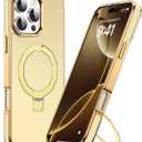 Compatible with iPhone 16 Pro Max Case with Invisible Magnetic Stand, Compatible with Mag-Safe Luxury Phone Case for iPhone 16 Pro Max [Plating Gold Edge & Leather Inlay], Gold