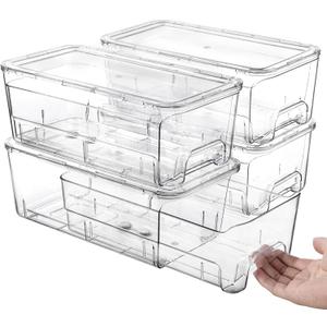 Audend Clear Stackable Storage Bins with Lids, 4 Pack Plastic Storage Containers with Handle for Pantry and Snack Organizers, Suitable for Kitchen, Bathroom, Fridge, Cabinet