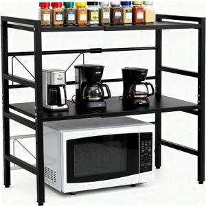 Microwave Oven Rack, Microwave Shelf Expandable Microwave Stand Countertop Kitchen Utensils, Bakers Rack, Carbon Steel Over Microwave Shelf Countertop with 6 Hooks(Black, 3 Tier)