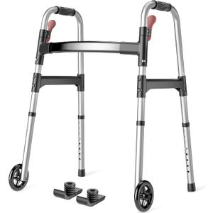 HOMLAND Folding Walkers for Seniors with Wheels, Lightweight Rolling Walker, Height Adjustable Standard Walker with Aluminum Frame, Silver