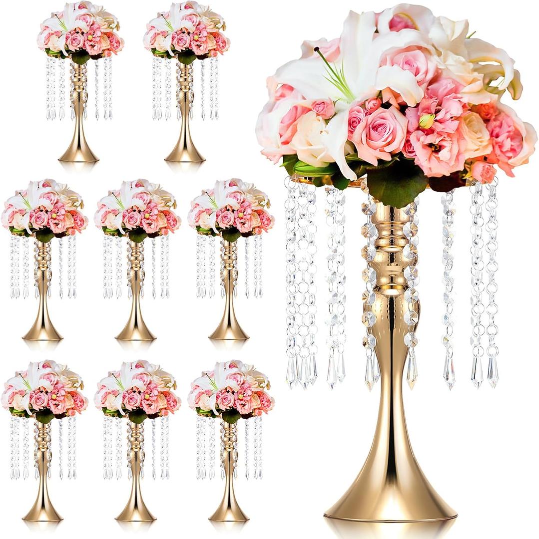 Unittype 8 Pcs Wedding Centerpieces for Tables 13 Inch Tall, Crystal Flower Stand Floral Vases for Tabletop Flower Arrangement Stand Valentines Gift Baptism Christmas Party Decor (Gold)