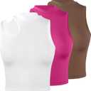 LovelyWholesale Womens 3 Pack Cut Out Crop Tops Mock Neck Summer Tank Top Sleeveless Shirt White/Brown/Hot Pink Small (S)