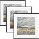 FLYJOE 16x16 Metal Square Picture Frame For Wall With Mat For 12x12, 16''x16'' Aluminum Photo Frames With Tempered Glass, Minimalist Modern Poster Frame Horizontally Vertically Set of 3, Black, 16''x16''-3P Real Glass