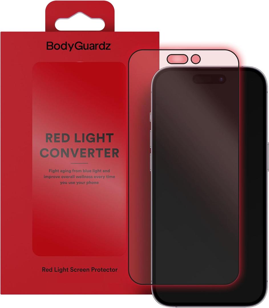BodyGuardz Red Light Converter Screen Protector Passive Red Light Therapy for Face - Promotes Better Sleep, Healthier Skin, Reduced Eye Strain 9H Tempered Glass, Easy Install (iPhone 17 Pro / 16 Pro)