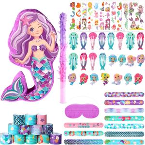Hungdao 51 Pcs Mermaid Party Favors Mermaid Piata Hairpin Slap Bracelets Ring Tattoo Sticker Under the Sea Birthday Party Supplies Classroom Prize Gift Goodie Bag Piata Stuffers Fillers