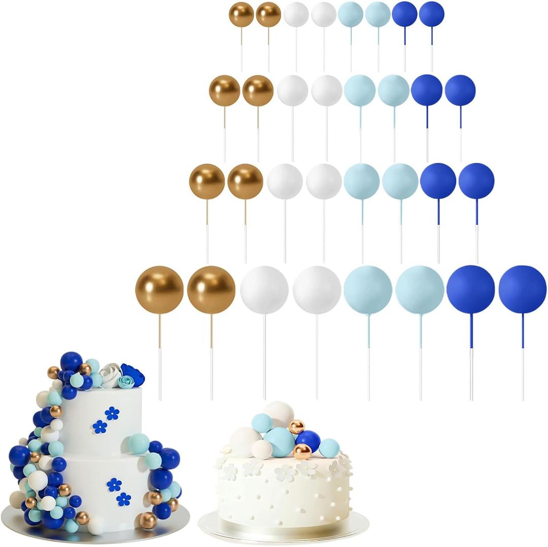 Set of 32 Ball Cake Topper,cake disco balls Decorations Mini Balloons Cake Topper Sticks Foam Balls Cake Picks for Wedding Party Birthday (blue white gold)