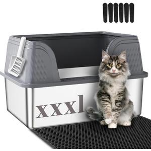 Suhaco XXXL Stainless Steel Litter Box with High Sided Deep Side Entry Deep Extra Large Metal Litter Box Included Mat & Scoop Anti-Urine Leakage Cat Litter Boxes for Big Cats (Grey XXXL)