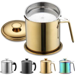 Berglander Gold Bacon Grease Container With Strainer 47oz/1.4L, Titanium Golden Plating Stainless Steel Oil Storage Container with Fine Mesh Strainer Dust-proof for Storing Frying Oil and Cooking Fat