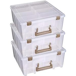 ArtBin 6990ZZ Super Satchel Double Deep 3-Pack, Portable Art & Craft Organizers with Handles, [3] Plastic Storage Cases, Clear & Gold