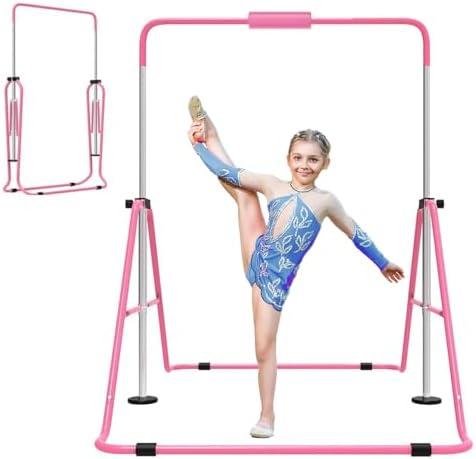 Jivifao Gymnastics Bar for Kids, Adjustable Height Gymnastic Horizontal Bars with Mat, Folding Gymnastic Training Monkey Bars, Junior Expandable Training Kip Bar for Home